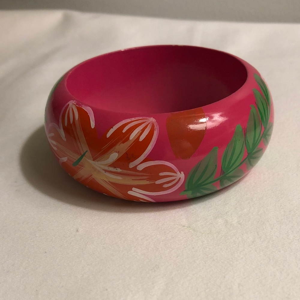 Vintage Wooden Bracelet with Hand Painted Flowers